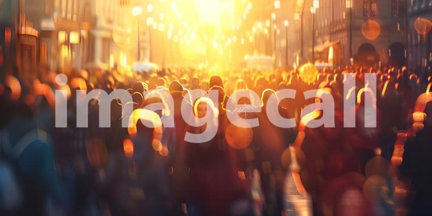 Blurred crowd of unrecognizable at the street at sunset background - Ai Generated