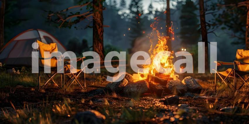 Bonfire with burning firewood near chairs and camping tent in forest background - Ai Generated