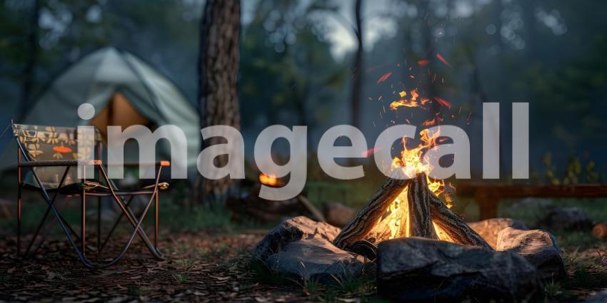 Bonfire with burning firewood near chairs and camping tent in forest background - Ai Generated