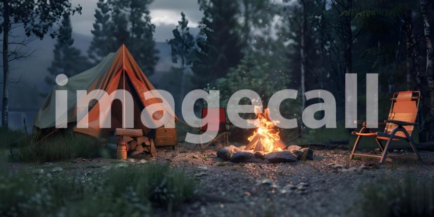 Bonfire with burning firewood near chairs and camping tent in forest background - Ai Generated