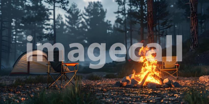 Bonfire with burning firewood near chairs and camping tent in forest background - Ai Generated