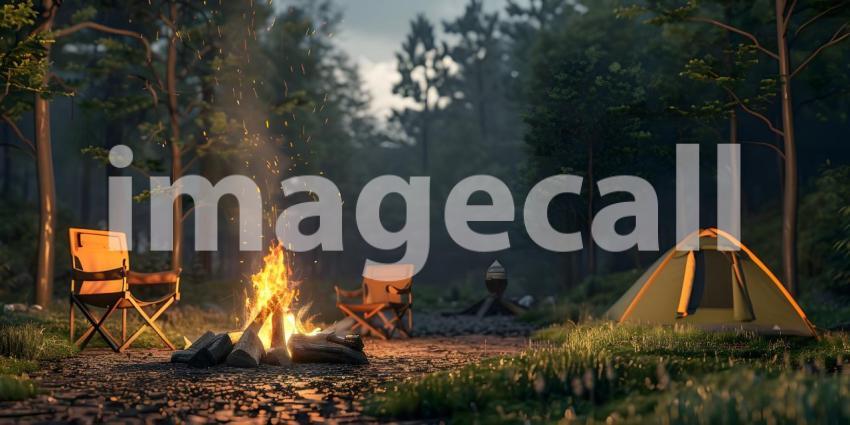 Bonfire with burning firewood near chairs and camping tent in forest background - Ai Generated