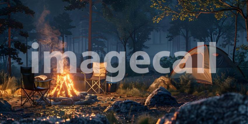 Bonfire with burning firewood near chairs and camping tent in forest background - Ai Generated