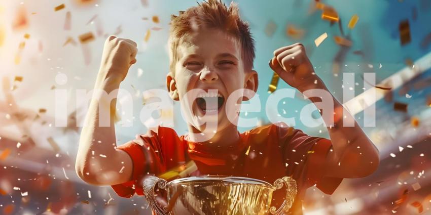 Champion Celebration: Boy with Trophy and Winning Team Background, Victorious Moment: Boy Celebrating Victory with Trophy and Team Background - Ai Generated