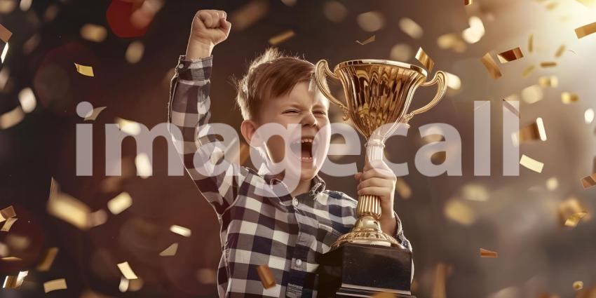 Champion Celebration: Boy with Trophy and Winning Team Background, Victorious Moment: Boy Celebrating Victory with Trophy and Team Background - Ai Generated