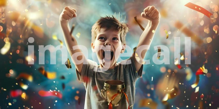 Champion Celebration: Boy with Trophy and Winning Team Background, Victorious Moment: Boy Celebrating Victory with Trophy and Team Background - Ai Generated