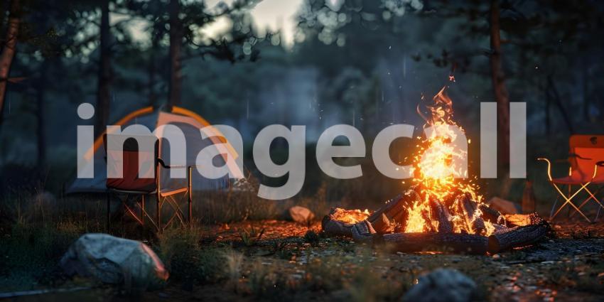Bonfire with burning firewood near chairs and camping tent in forest background - Ai Generated
