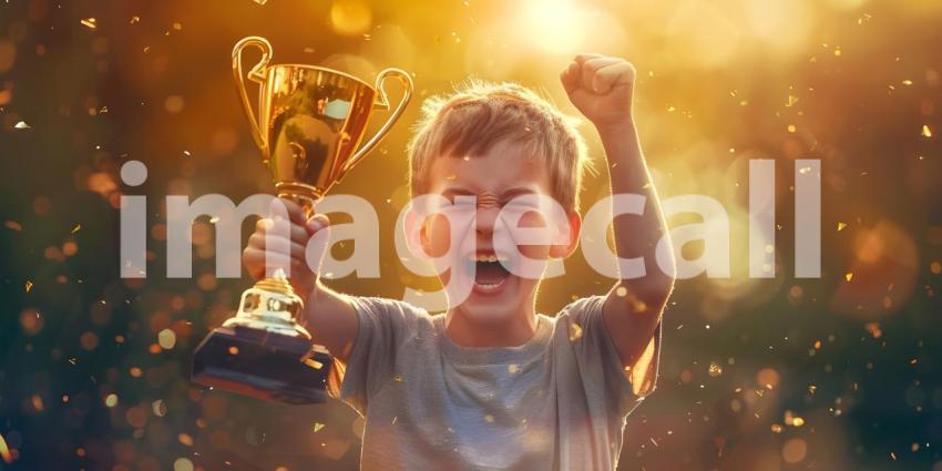 Champion Celebration: Boy with Trophy and Winning Team Background, Victorious Moment: Boy Celebrating Victory with Trophy and Team Background - Ai Generated