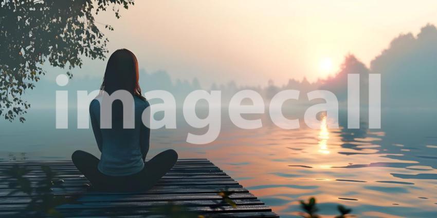Calm morning meditation by the lake as Young woman sitting outdoors on the pier background - Ai Generated
