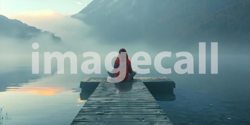 Calm morning meditation by the lake as Young woman sitting outdoors on the pier background - Ai Generated