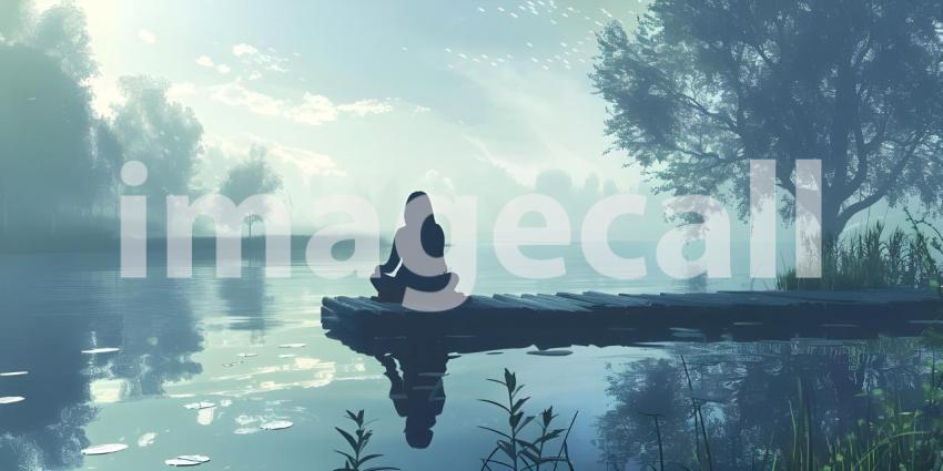 Calm morning meditation by the lake as Young woman sitting outdoors on the pier background - Ai Generated