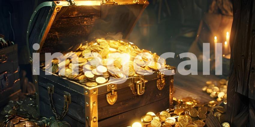 Treasure Trove: Overflowing Gold Coins, Wealth Abundance: Chest Full of Gold Coins - Ai Generated