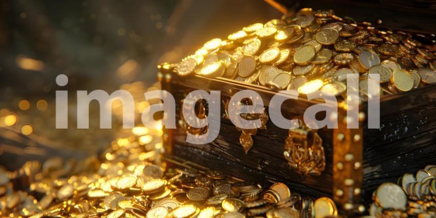 Treasure Trove: Overflowing Gold Coins, Wealth Abundance: Chest Full of Gold Coins - Ai Generated
