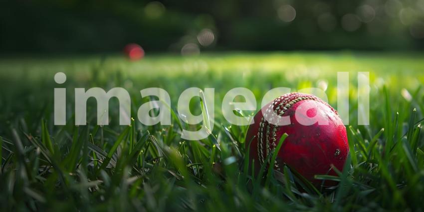 Red Cricket Ball Closeup on Green Grass Background, Green Grass Background with Closeup of Red Cricket Ball - Ai Generated