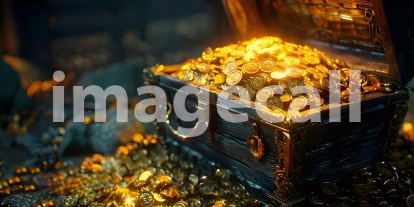 Treasure Trove: Overflowing Gold Coins, Wealth Abundance: Chest Full of Gold Coins - Ai Generated