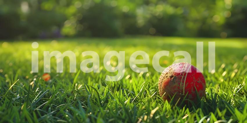 Red Cricket Ball Closeup on Green Grass Background, Green Grass Background with Closeup of Red Cricket Ball - Ai Generated