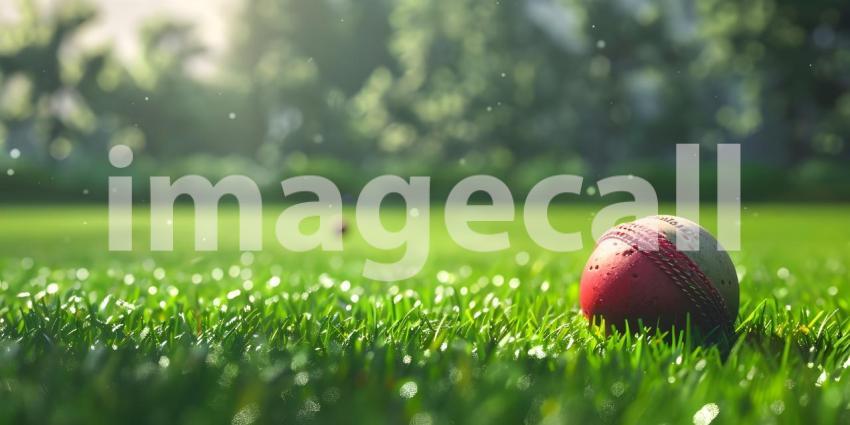 Red Cricket Ball Closeup on Green Grass Background, Green Grass Background with Closeup of Red Cricket Ball - Ai Generated