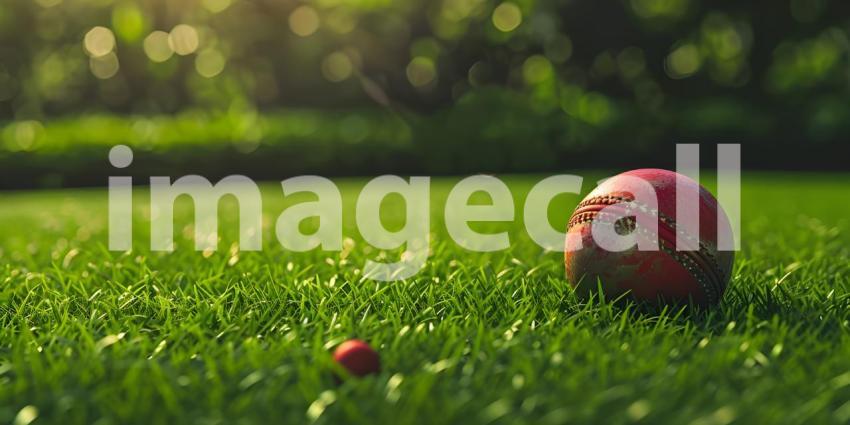 Red Cricket Ball Closeup on Green Grass Background, Green Grass Background with Closeup of Red Cricket Ball - Ai Generated