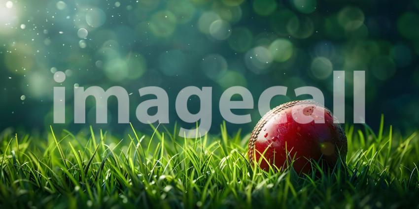 Red Cricket Ball Closeup on Green Grass Background, Green Grass Background with Closeup of Red Cricket Ball - Ai Generated