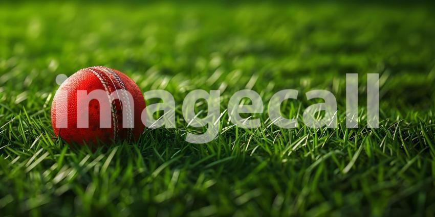 Red Cricket Ball Closeup on Green Grass Background, Green Grass Background with Closeup of Red Cricket Ball - Ai Generated
