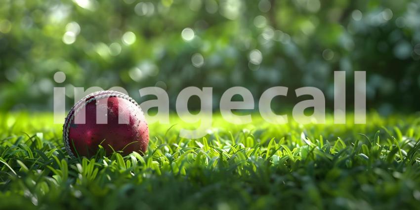 Red Cricket Ball Closeup on Green Grass Background, Green Grass Background with Closeup of Red Cricket Ball - Ai Generated