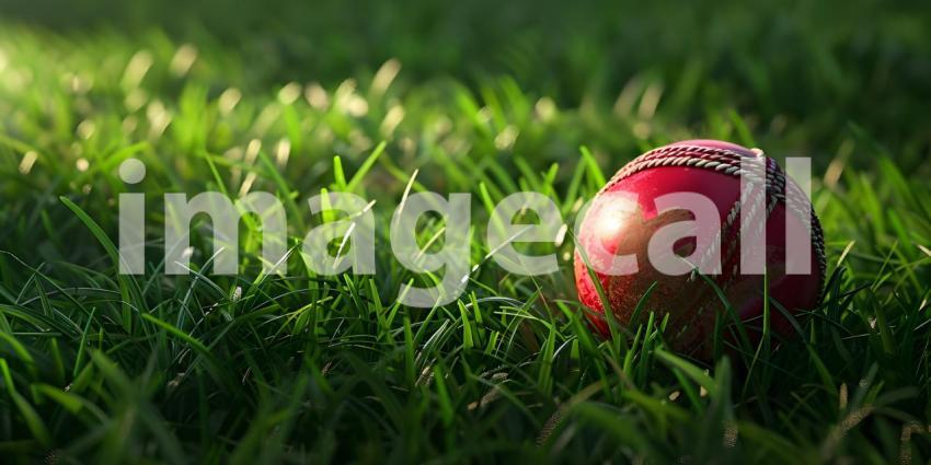 Red Cricket Ball Closeup on Green Grass Background, Green Grass Background with Closeup of Red Cricket Ball - Ai Generated