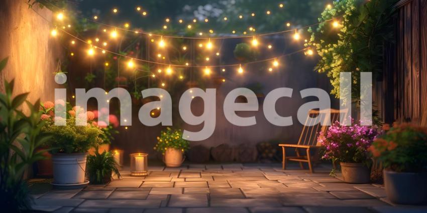 Outdoor Terrace: Cozy String Lights Ambiance, String Lights Adorned Outdoor Terrace Atmosphere - Ai Generated