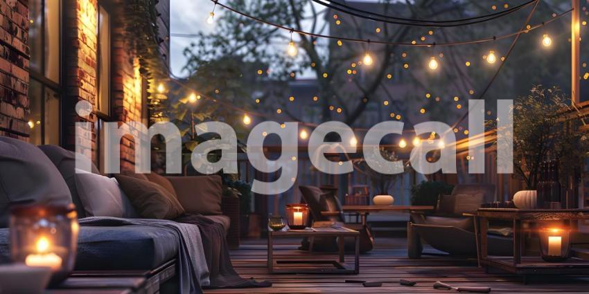 Outdoor Terrace: Cozy String Lights Ambiance, String Lights Adorned Outdoor Terrace Atmosphere - Ai Generated