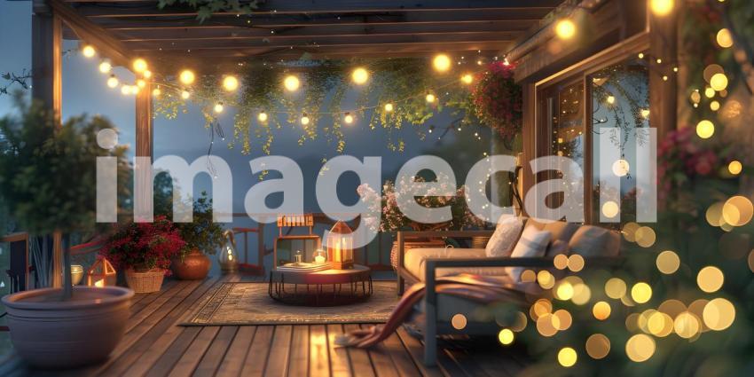 Outdoor Terrace: Cozy String Lights Ambiance, String Lights Adorned Outdoor Terrace Atmosphere - Ai Generated