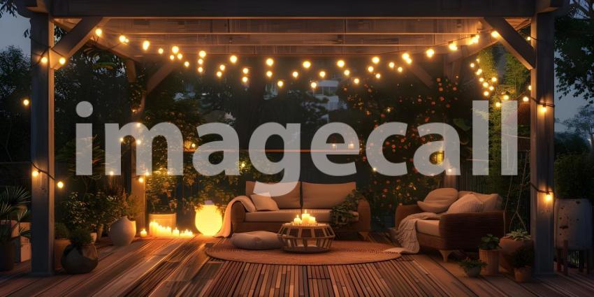 Outdoor Terrace: Cozy String Lights Ambiance, String Lights Adorned Outdoor Terrace Atmosphere - Ai Generated