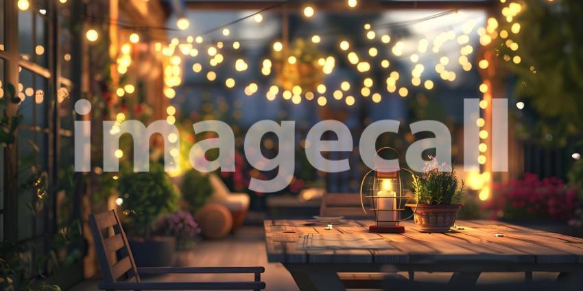 Outdoor Terrace: Cozy String Lights Ambiance, String Lights Adorned Outdoor Terrace Atmosphere - Ai Generated