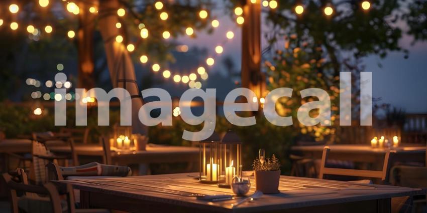 Outdoor Terrace: Cozy String Lights Ambiance, String Lights Adorned Outdoor Terrace Atmosphere - Ai Generated