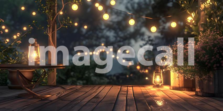Outdoor Terrace: Cozy String Lights Ambiance, String Lights Adorned Outdoor Terrace Atmosphere - Ai Generated
