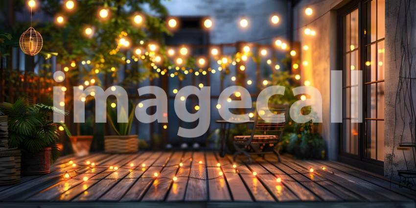 Outdoor Terrace: Cozy String Lights Ambiance, String Lights Adorned Outdoor Terrace Atmosphere - Ai Generated