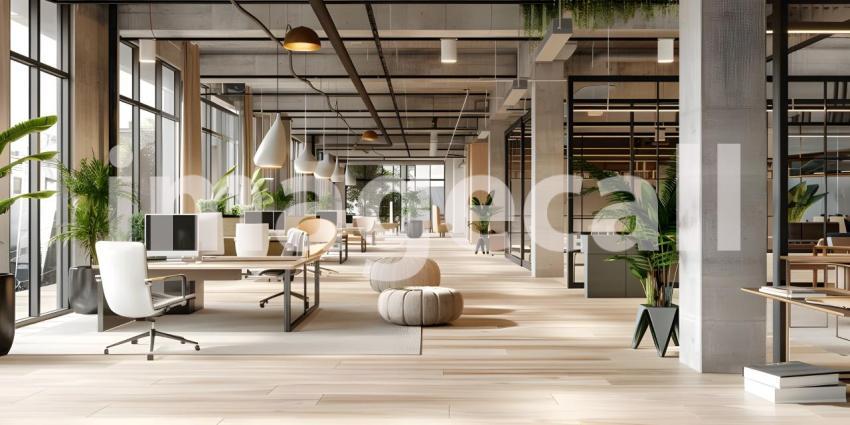 Contemporary Open Concept Office Interior, Modern Workspace with Open Plan Design - Ai Generated