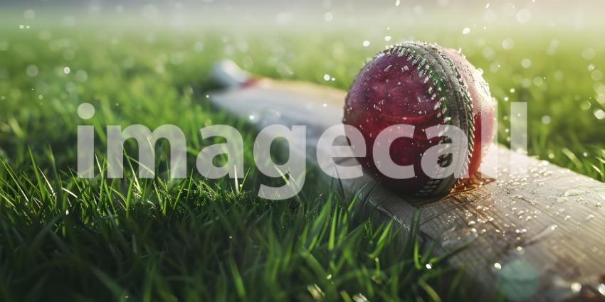 Cricket ball on the top of cricket bat on green grass of ground background - Ai Generated