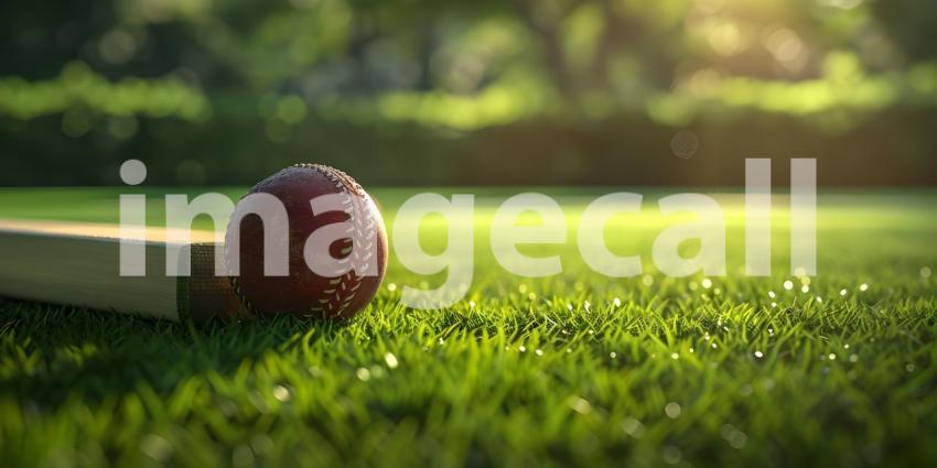 Cricket ball on the top of cricket bat on green grass of ground background - Ai Generated