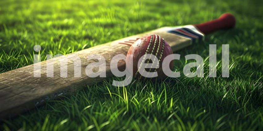 Cricket ball on the top of cricket bat on green grass of ground background - Ai Generated