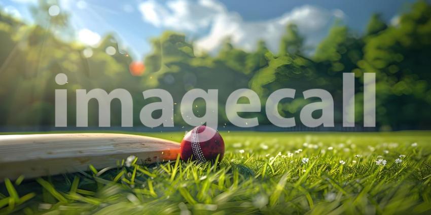 Cricket ball on the top of cricket bat on green grass of ground background - Ai Generated