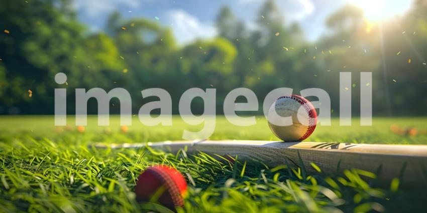 Cricket ball on the top of cricket bat on green grass of ground background - Ai Generated