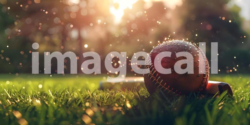 Cricket ball on the top of cricket bat on green grass of ground background - Ai Generated