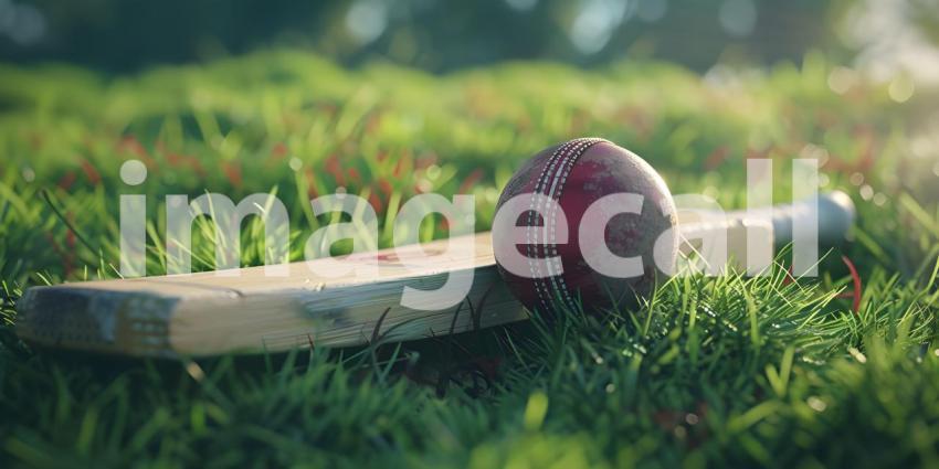 Cricket ball on the top of cricket bat on green grass of ground background - Ai Generated