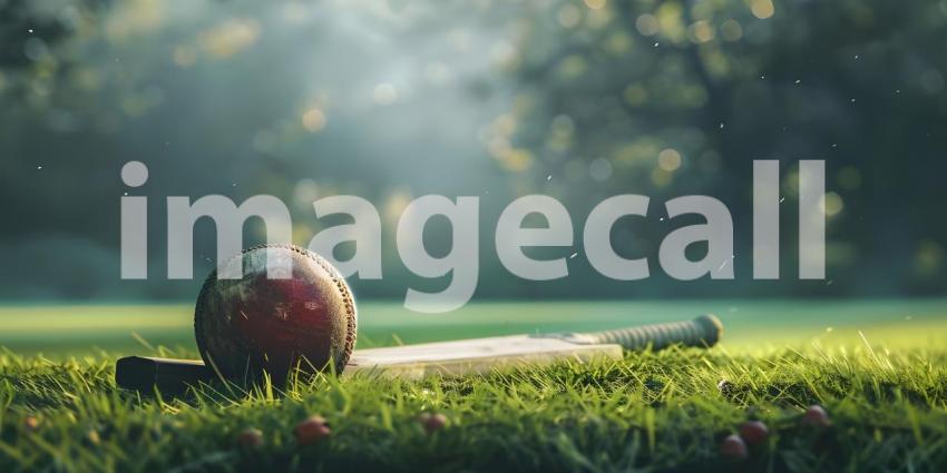 Cricket ball on the top of cricket bat on green grass of ground background - Ai Generated