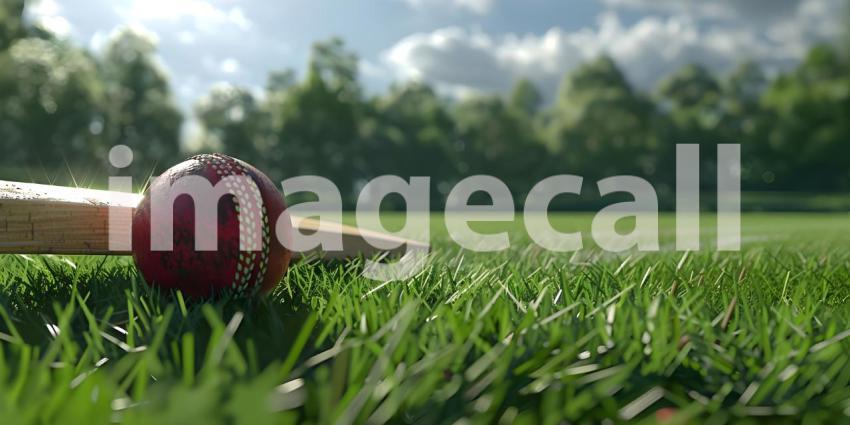 Cricket ball on the top of cricket bat on green grass of ground background - Ai Generated