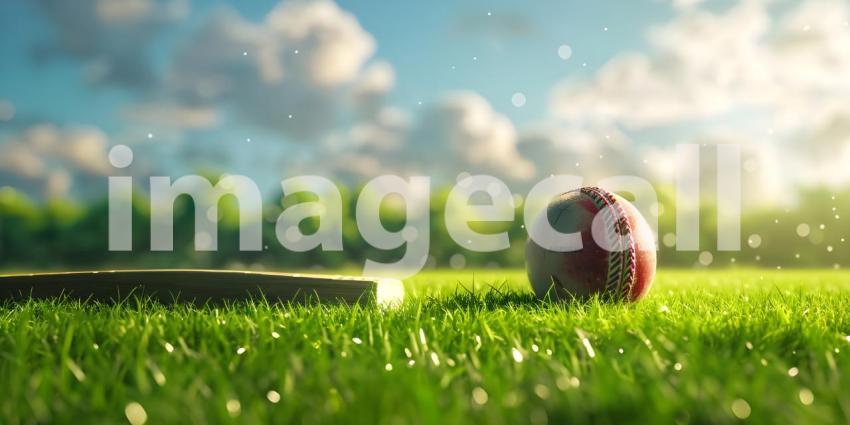 Cricket ball on the top of cricket bat on green grass of ground background - Ai Generated