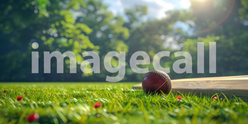 Cricket ball on the top of cricket bat on green grass of ground background - Ai Generated
