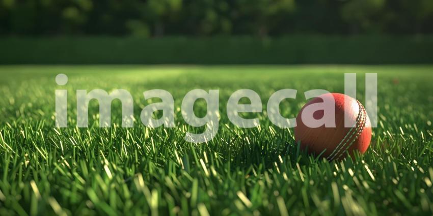 Cricket ball on the top of cricket bat on green grass of ground background - Ai Generated