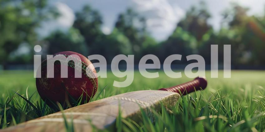 Cricket ball on the top of cricket bat on green grass of ground background - Ai Generated