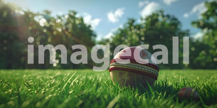Cricket ball on the top of cricket bat on green grass of ground background - Ai Generated
