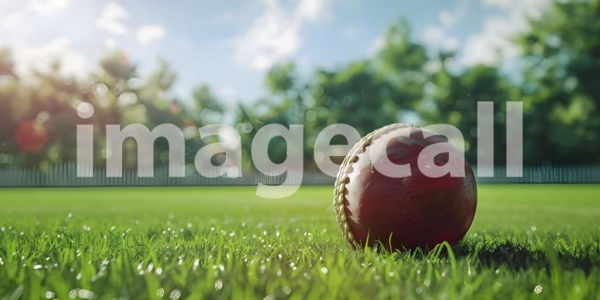 Cricket ball on the top of cricket bat on green grass of ground background - Ai Generated